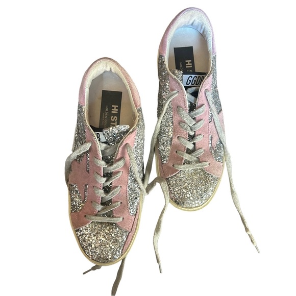 Golden Goose Hi Star Suede & Glitter Sequin Low-Top 1" Flat Platform Sneakers - Picture 3 of 7